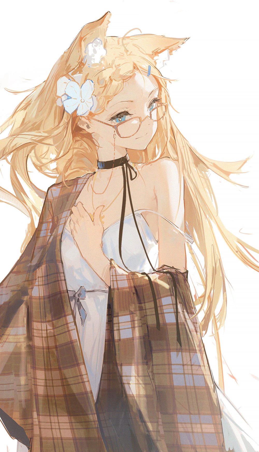 a digital illustration of an anime girl with long blonde hair, wearing a white dress, plaid shirt, glasses and a black choker. she is standing with her head slightly tilted to the side, with her eyes looking to the side. the girl has cat ears and looks very cute and fashionable. the drawing is done in a soft and delicate style with light color palette and is drawn in a anime style.