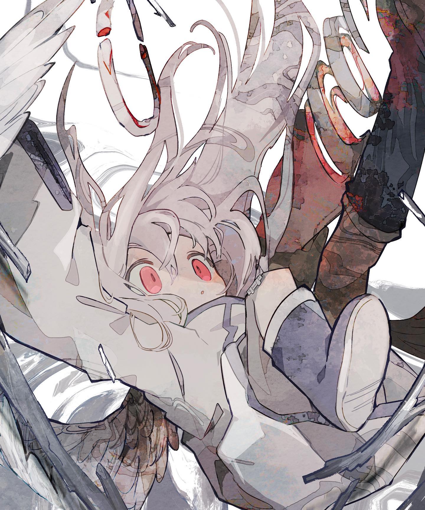 he image is a dynamic illustration of an animestyle girl with long white hair and striking red eyes, appearing to be falling or floating amidst a chaotic scene of broken wings and debris. the overall style is painterly, with a blend of sharp lines and soft washes of color, suggesting a sense of movement and perhaps a narrative of struggle or distress. the color palette is muted, with shades of gray, purple, and white dominant, accented by the girl's red eyes and hints of red in the background.  the image is expressive and evokes a feeling of mystery and drama.