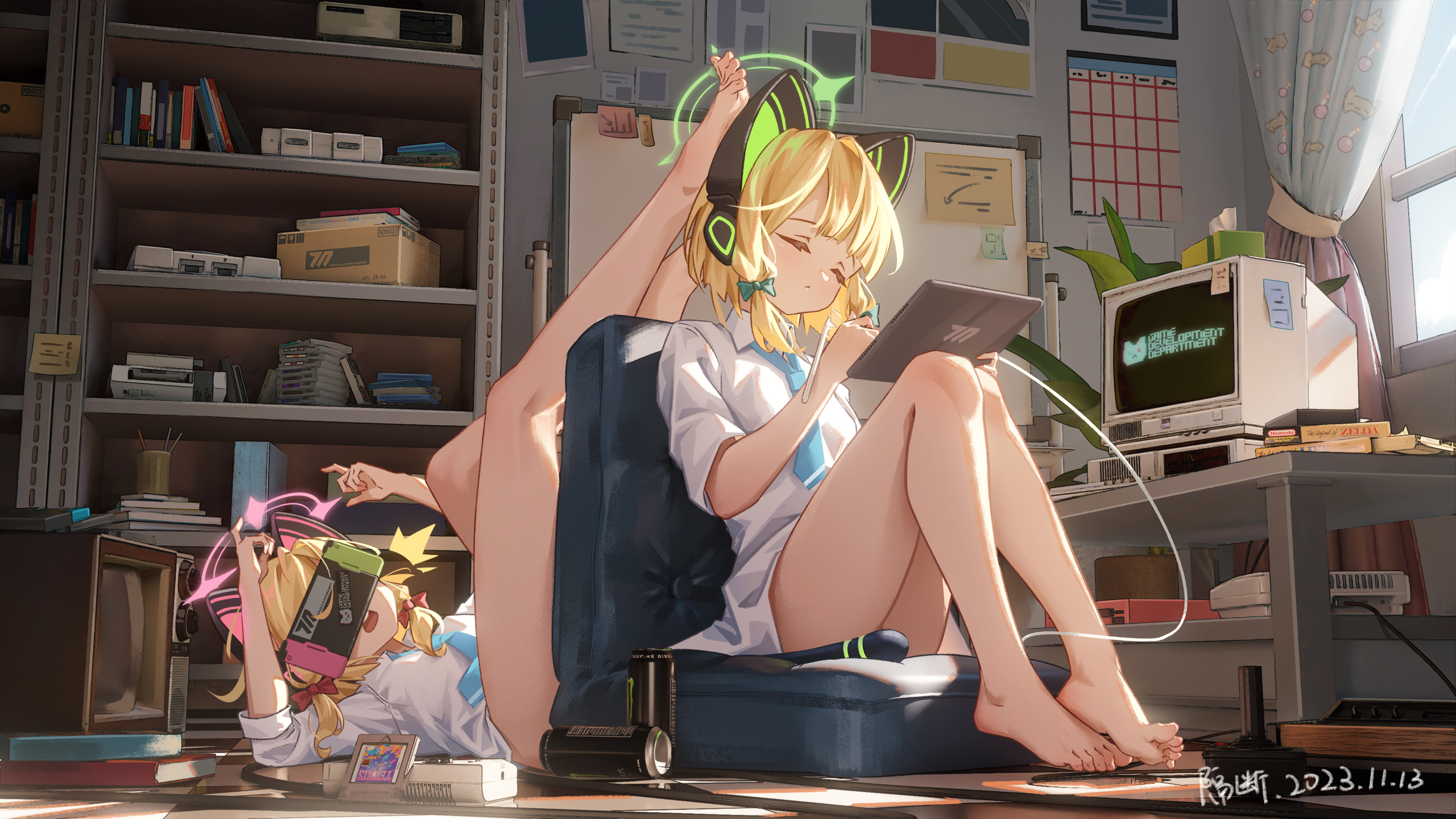 the image is a digital illustration of two anime girls in a room filled with retro gaming consoles and other tech.  one girl is sitting in a chair with her legs up, using a drawing tablet. she has blonde hair with cat ears and is wearing headphones. the other girl is lying on the floor, holding a handheld game console. both girls are wearing similar school uniforms. the room has a bookshelf filled with books and games, and a retro computer monitor. the overall style is a mix of cute and nostalgic, capturing a sense of casual relaxation and friendship. the lighting is warm and inviting, creating a cozy atmosphere.