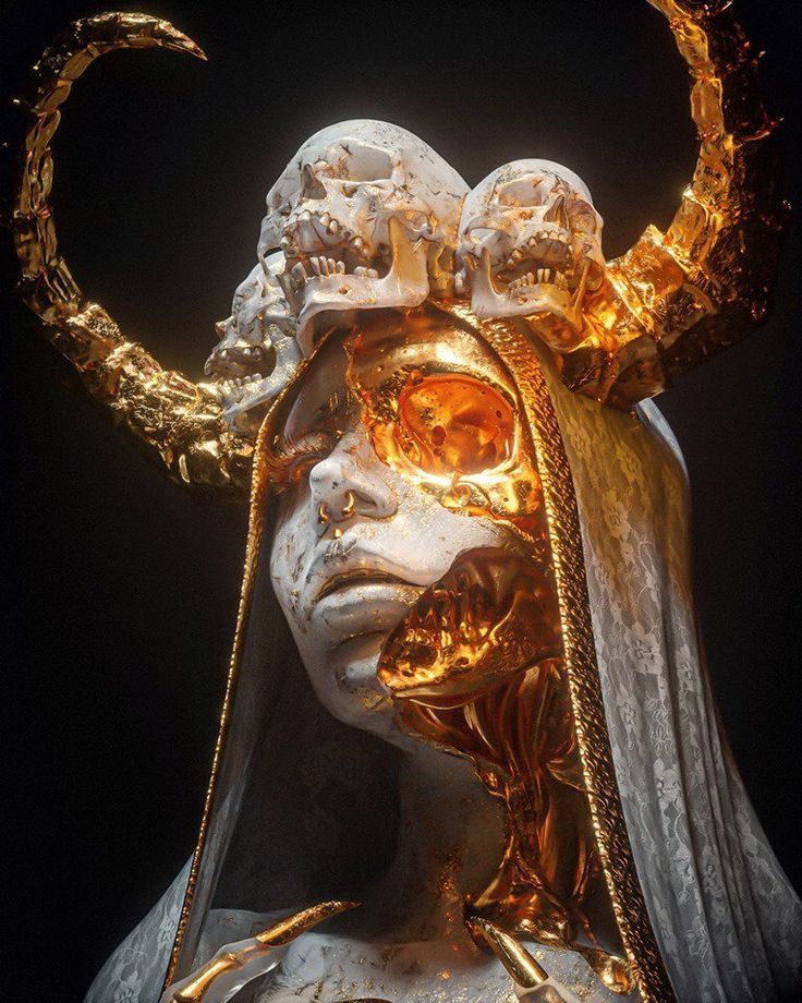 a closeup shot of a sculpture of a woman's head with golden horns, the horns are adorned with skulls, and the woman's face is half human and half skull. the sculpture is set against a dark background. the overall tone is dark and dramatic.