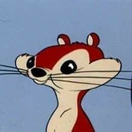 a cartoon squirrel with big eyes and a wide grin, against a blue background. the squirrel has red fur, white on its belly and nose, and some black lines for whiskers.  the background is a solid blue with no other details.