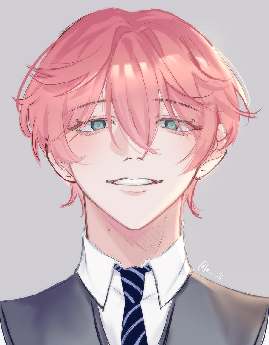 this is an animestyle portrait of a young man. he has pink hair, teal eyes, and is wearing a grey suit with a white collared shirt and blue tie. the image is a closeup and the subject is smiling. the lighting is soft, giving the image a gentle and approachable feel.