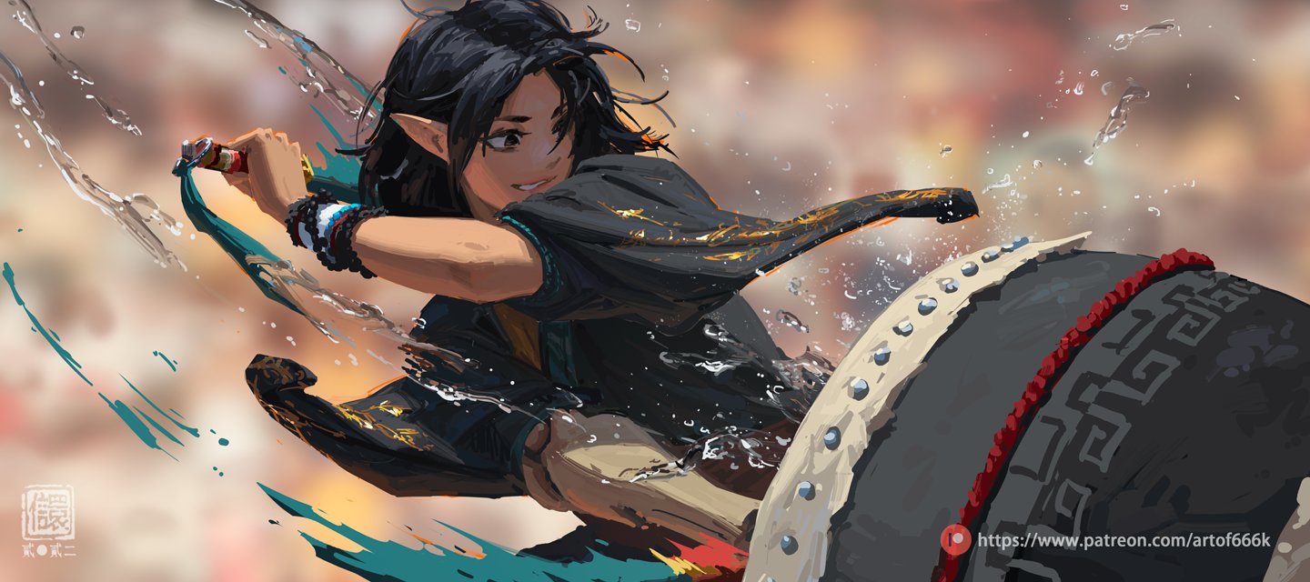 he image is a dynamic digital painting of a fantasy elf woman playing a taiko drum. she is depicted in midaction, with water splashing around her as she strikes the drum with a drum stick. her expression is joyful and energetic. the style is a blend of anime and more painterly techniques. the background is a blurred out crowd of people, suggesting a performance setting. the overall mood is one of vibrant energy and cultural celebration.