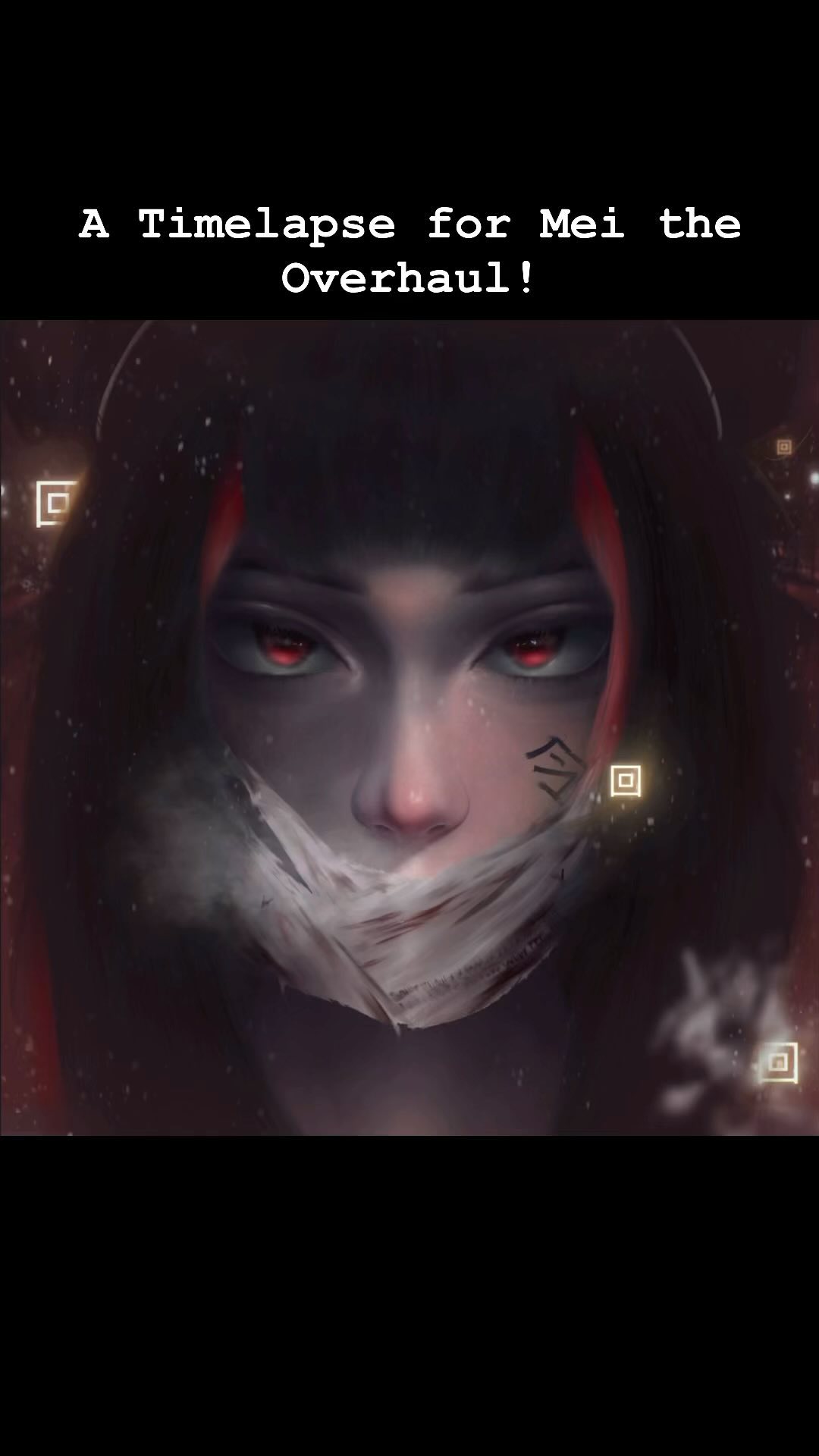 the image is a digital artwork depicting a stylized animestyle female character. she has long, dark hair, and striking red eyes. her mouth is covered with a piece of white cloth or tape, giving her an air of mystery.  the artwork is dark and atmospheric, with glowing particles scattered around her. there are small symbolic markings on her face and around her. the text overlay indicates this is a timelapse of a drawing, specifically for a character potentially called "mei the overhaul." the overall style is dark and reminiscent of manga or fantasy art.