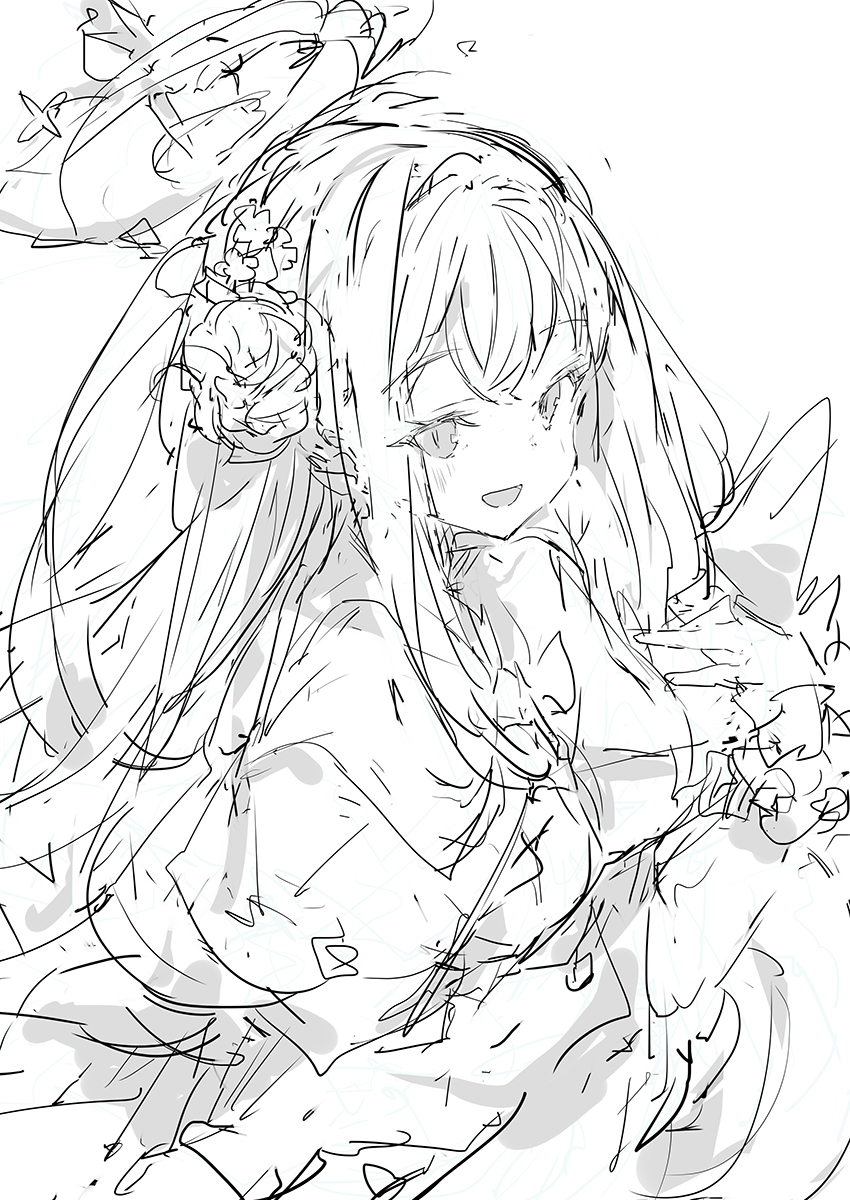 he image is a sketchy, whimsical drawing of an animestyle girl with long hair, a flower in her hair, and a crownlike object on her head. she appears to be hugging a small animal or pet. the style is loose and expressive, with a focus on capturing the mood and feeling rather than precise detail. the overall impression is one of peace, serenity, and gentle affection. the linework is fluid and delicate, with varying thicknesses and pressures creating a sense of movement and life. the grayscale palette enhances the ethereal and dreamy quality of the artwork.