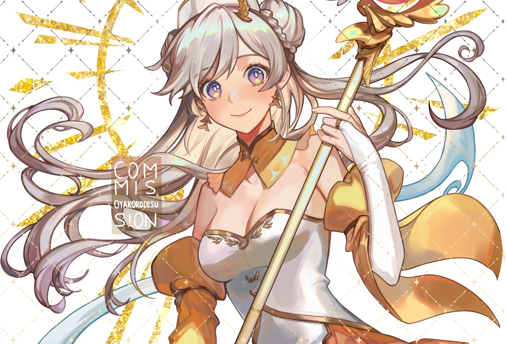 the image is a digital illustration of a young woman with long, flowing white hair and golden eyes. she is wearing a white and gold outfit with a golden staff in her hand. she has a gentle smile on her face.  the background is a sparkling golden pattern. the image is very detailed and has a beautiful, dreamy quality.