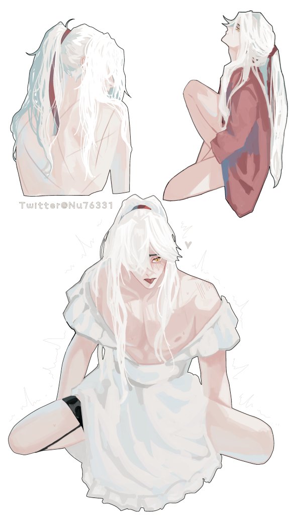 the image is a digital illustration of a female anime character. she has long white hair and is wearing a white dress. the character is shown in three different poses. in the top left, she is standing with her back to the viewer. in the top right, she is sitting with her legs crossed. in the bottom, she is kneeling with her legs bent. the character's expression is soft and innocent. the background is white.