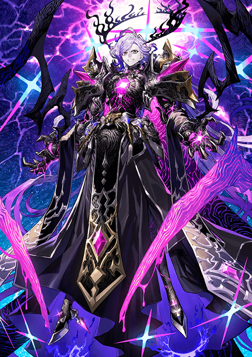 an animestyle illustration depicts a male figure, likely a wizard or sorcerer, standing against a backdrop of purple and black energy. he is adorned in ornate, dark armor with glowing purple accents. he has purple hair. he is surrounded by magical effects.