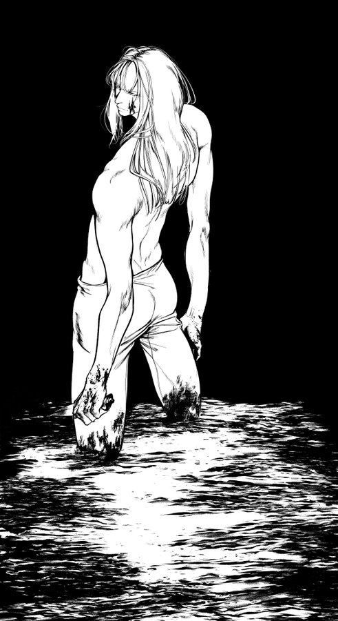 the image is a black and white illustration, possibly from a manga or graphic novel, depicting a man standing in shallow water. he is shirtless, wearing loosefitting pants, and has long hair that falls down his back. his body is slightly hunched, and his expression seems pensive or sad. the overall atmosphere is dark and moody, with the man appearing lonely and isolated. his skin is scarred, and the details of his body and the texture of the water are rendered with meticulous detail.