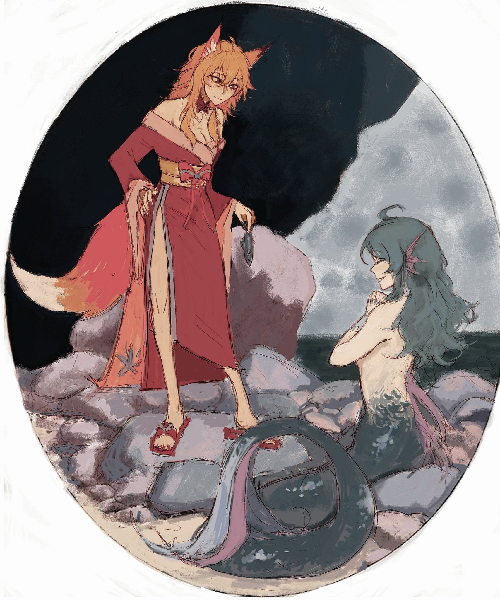 the digital painting depicts two female characters in a fantasy setting.  one is a kitsune (fox spirit) wearing a red kimono with a large, bushy orangered tail. she appears to be holding a small dark object in her hand and is standing on rocks near the ocean. the other character is a mermaid with long, dark teal hair, sitting on the rocks with her tail partially submerged. the overall style is reminiscent of anime or manga, with soft, blended colors and a slightly hazy, dreamlike quality. the scene is framed within an oval shape against a dark background. the mood is somewhat mysterious and suggestive of a story unfolding.