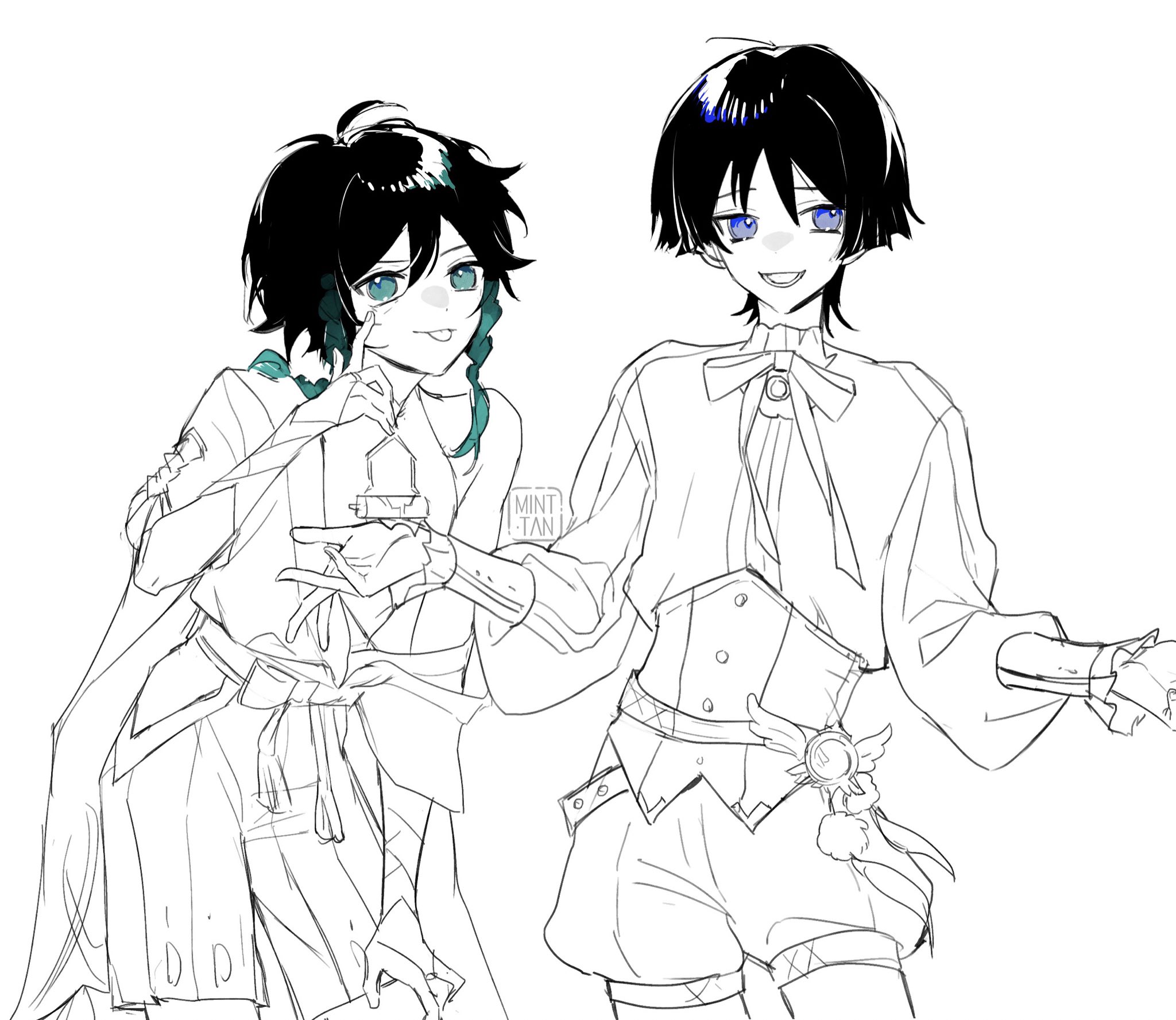 a line drawing of two anime characters. the character on the left has black hair, green eyes, and is wearing a white shirt, black pants, and a white jacket. the character on the right has black hair, blue eyes, and is wearing a white shirt, black shorts, and a white jacket. they are both standing facing the camera, and the character on the right is holding their right hand up.