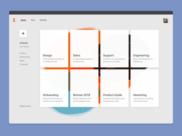 the image displays a website interface for an online bookstore, featuring a navigation bar with "books," "team," and "settings" options. beneath the navigation, there is a header that reads "all books" and includes options for "your books," "product," "onboarding," "sales," and "customer." the main content of the page is a grid of nine book covers, each showcasing a different topic. these topics include: "design," "sales," "support," "engineering," "onboarding," "retreat 2019," "product guide," and "marketing." each cover includes a brief description of the book's content, and some covers incorporate abstract shapes and colors. the bottom of the screen features a line that reads "hidden books."