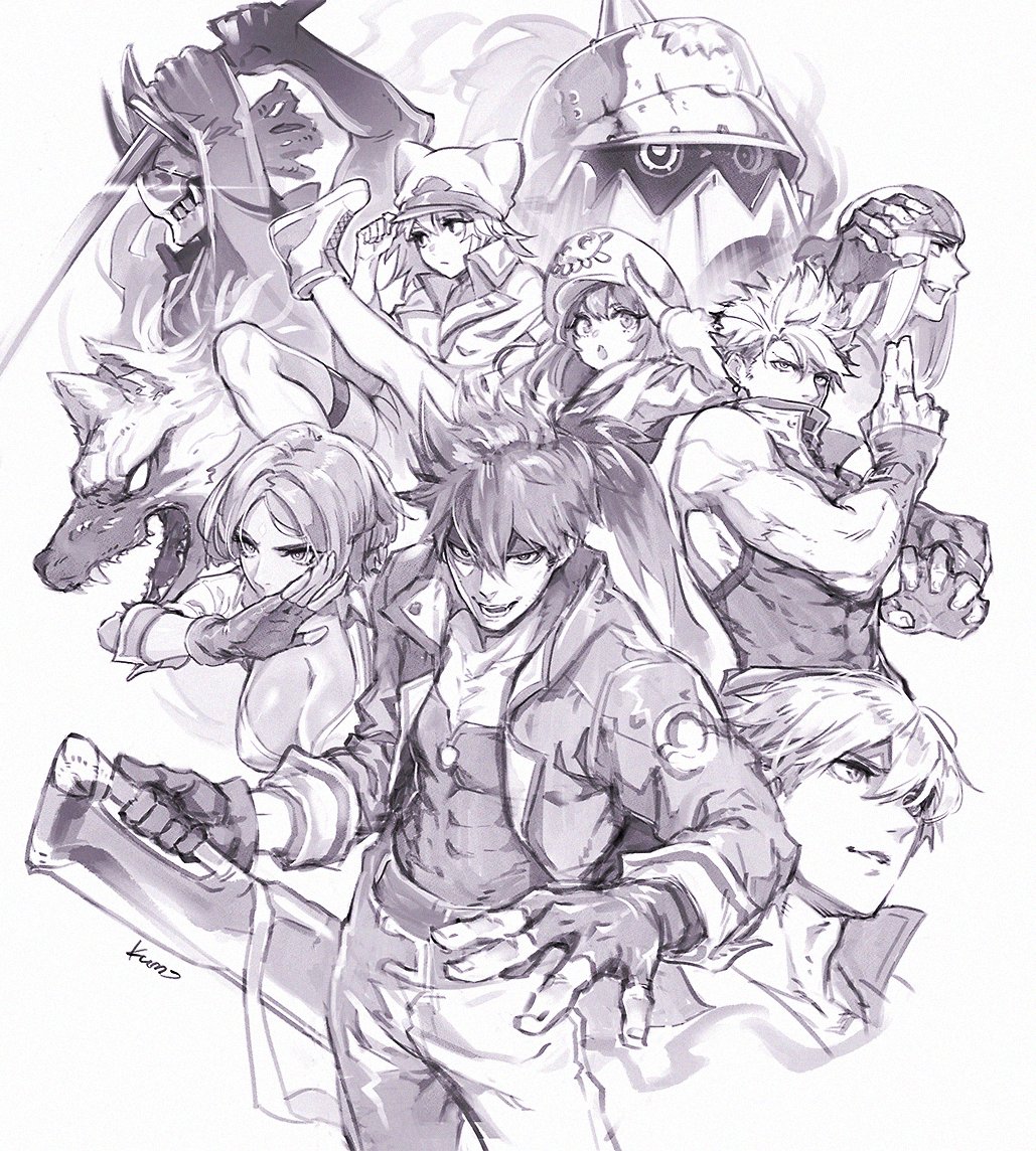 a monochrome illustration depicting a group of anime/manga style characters including a wolf, a robot, and a skeleton.