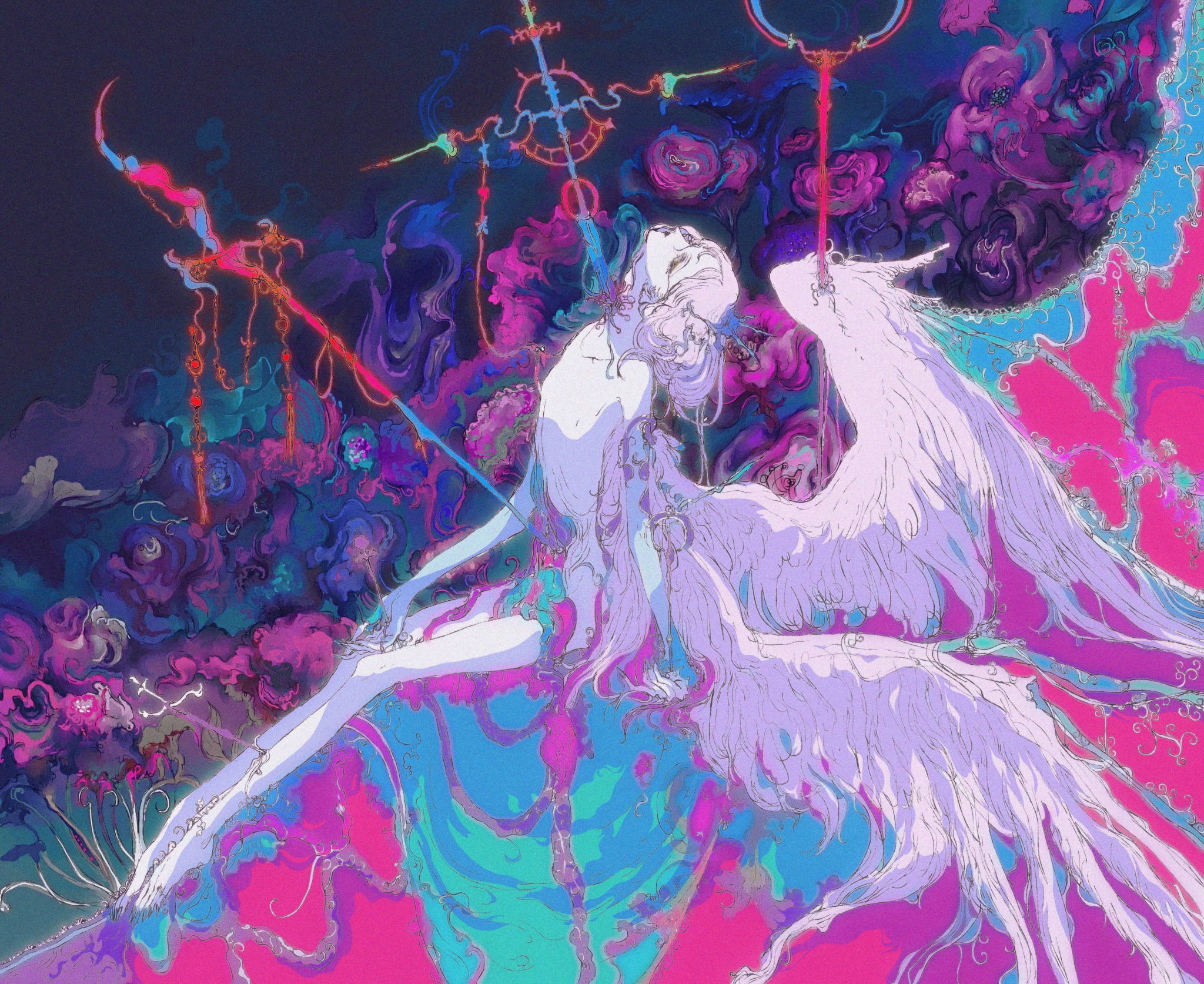 a digital painting of a woman with wings, sitting on a bed of colorful, swirling abstract shapes. the woman is angelic and ethereal, and the background is a riot of colors and patterns that give the artwork a psychedelic feel. the overall mood of the painting is dreamlike and otherworldly.