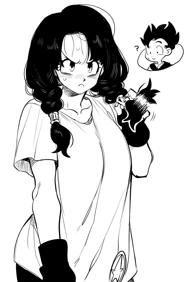 an anime girl with long black braids and a white shirt is holding her hair with her left hand, looking down. a black glove is on her left hand. she's wearing a black glove. there's a cartoon of a boy in a thought bubble above her head. it's a black and white illustration.
