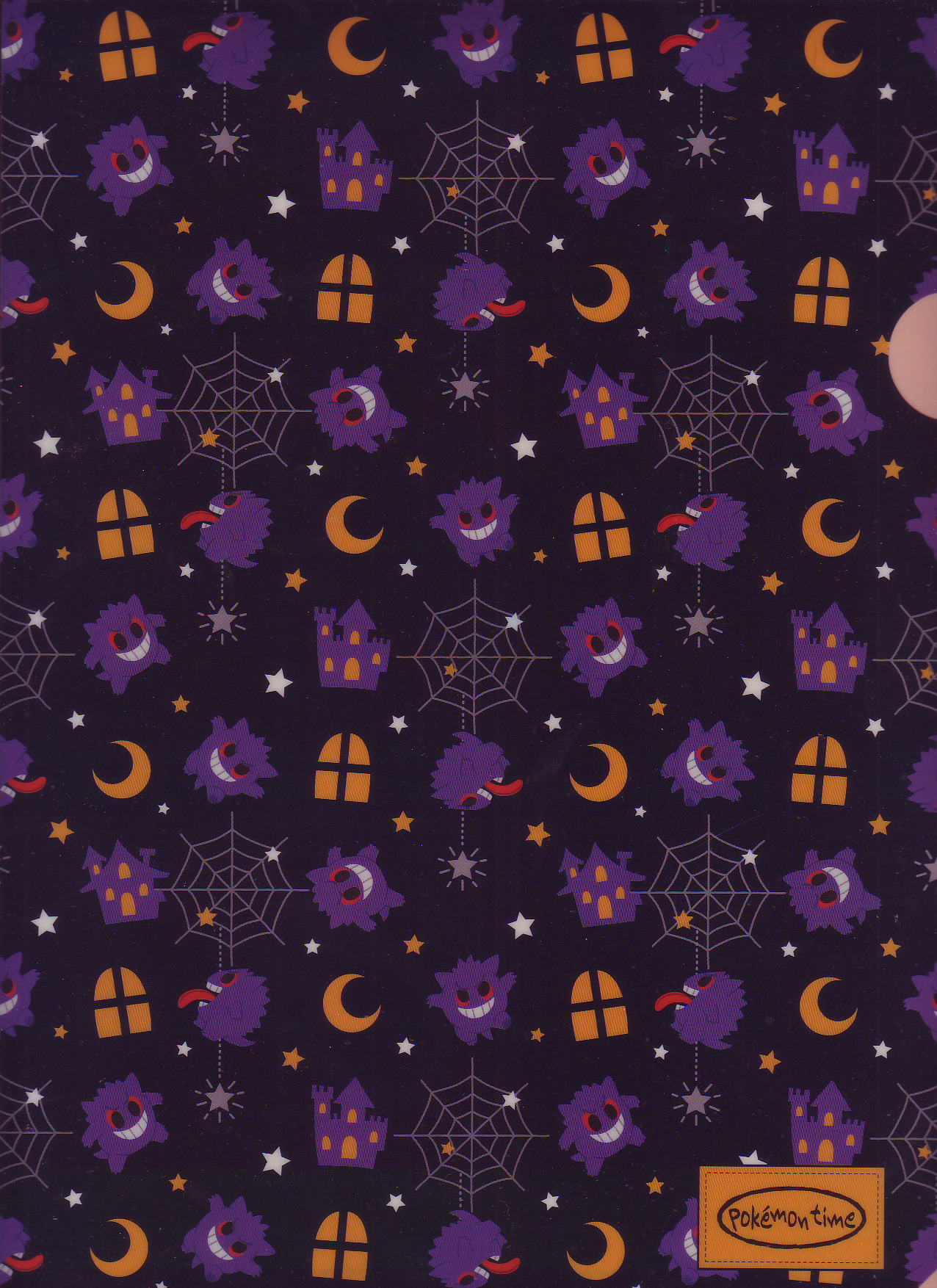 his image shows a repeating pattern featuring gengar pokémon. the pattern includes gengar in various poses, along with halloweenthemed elements such as moons, stars, spiderwebs, castles, and windows. the background is a dark purple, enhancing the spooky halloween feel.  the "pokémon time" logo is visible in the bottom right corner. the overall style is cute and whimsical, combining the familiar pokémon character with classic halloween imagery.