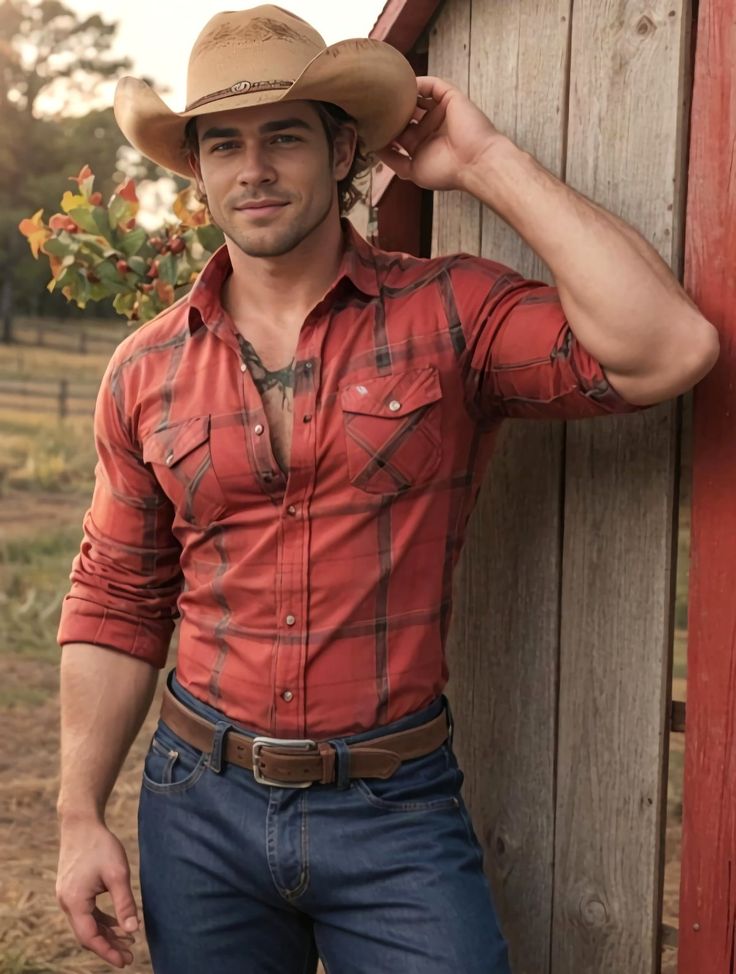 a man in a cowboy hat, red plaid shirt, and jeans stands leaning against a wooden wall. he has a smile on his face and looks directly at the camera. he is outdoors in a daytime setting. the image is a portrait shot.