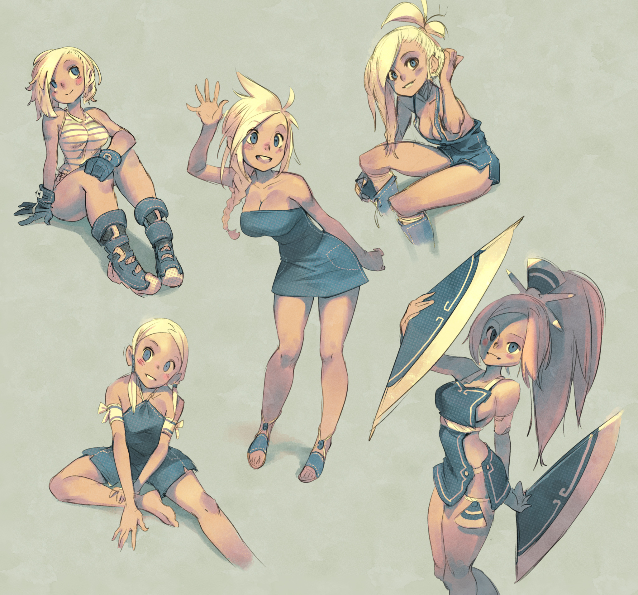 this digital illustration shows five cartoon women drawn in an anime style. one woman with blonde hair is sitting down while wearing a blue and white striped shirt, a blue skirt and blue boots. the other four women are standing and are dressed in different variations of blue clothing. the woman in the center of the image is wearing a dark blue dress. the woman on the right is wearing a blue bikinistyle shirt and a skirt.  a woman on the top left is wearing a blue dress and a blue scarf. the last woman is wearing a blue shirt and skirt with a black belt.