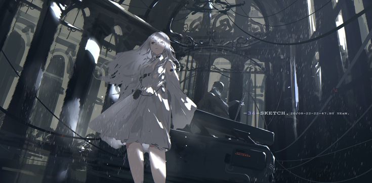 the image is a digital painting or illustration in a cyberpunk or futuristic setting.  it features a young woman with long white hair, wearing a flowing white dress or coat.  she appears to be standing in a rainsoaked, decaying urban environment with a complex network of wires, pipes, and machinery surrounding her. the architecture is imposing and dark, suggesting a sense of mystery and decay. the overall style is atmospheric and melancholic, with a focus on mood and detail. the artist's signature, "yean," and date are subtly included in the image. the style is reminiscent of anime or manga, but with a more painterly and less conventionally styled approach.