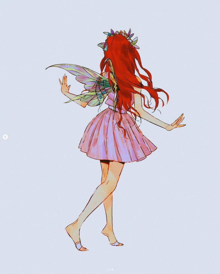 a digital illustration of a redhaired anime fairy with wings, a flower crown, and a pink dress. she's dancing with her left leg raised and her arms out.