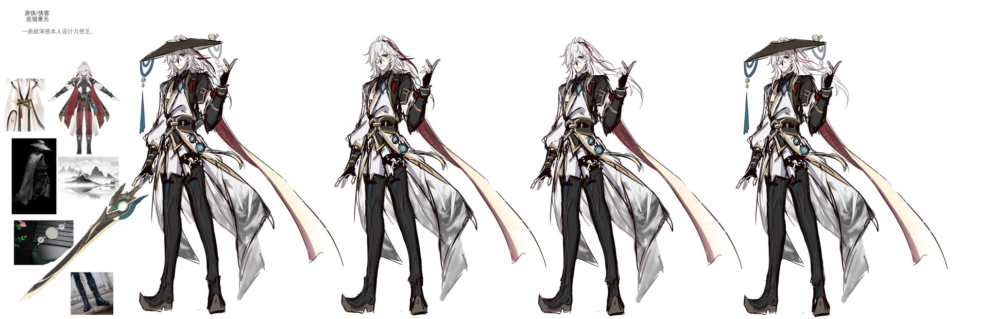 this is a character design sheet for a male anime character. he is a warrior with a white and black outfit and a sword. he has white hair, and his outfit is decorated with blue and red accents. the character is drawn in a sketch style.
