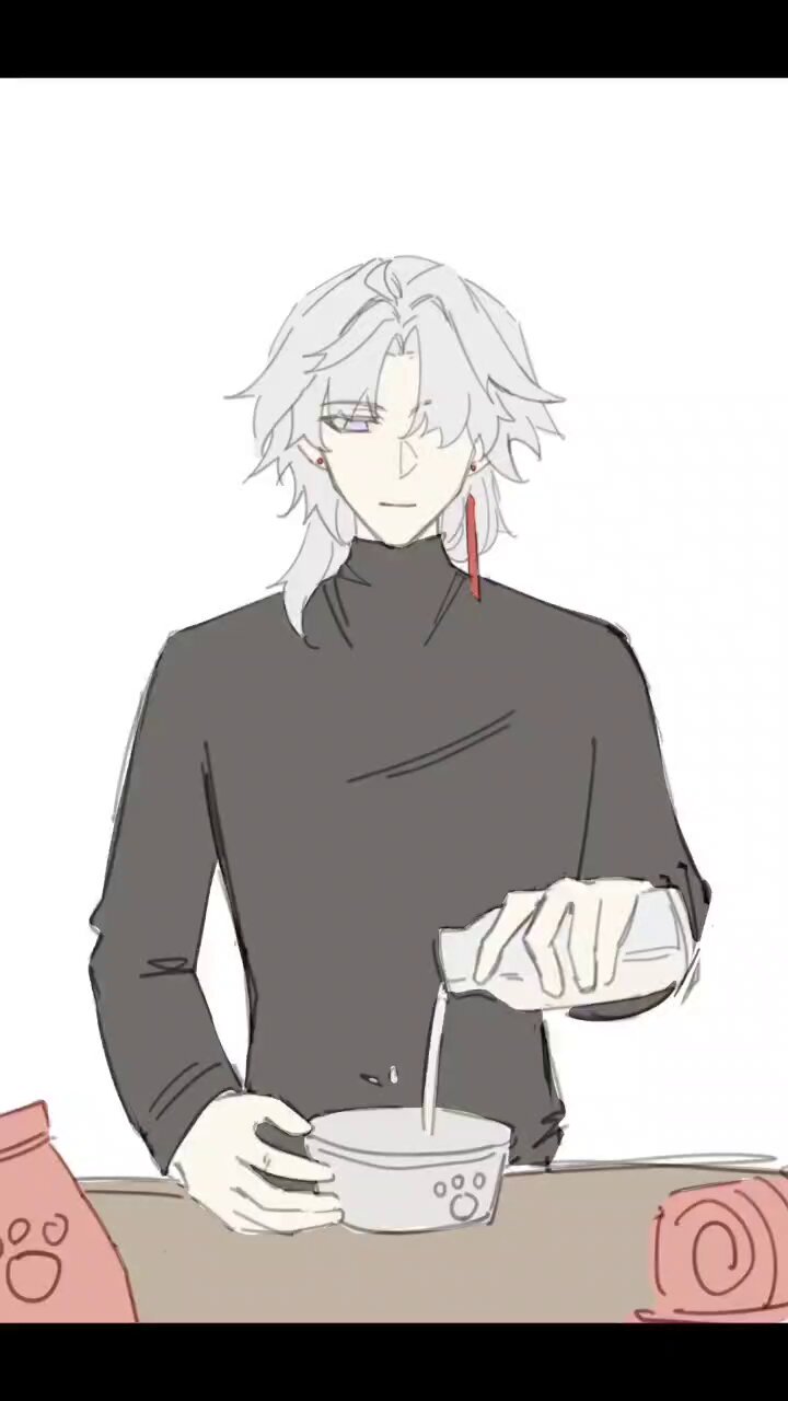 a drawing of a whitehaired anime character wearing a black shirt and red earrings. he is pouring milk into a bowl on a table. the background is gray.