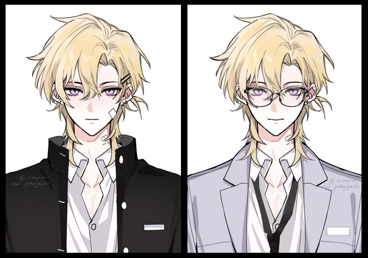 the image showcases a split comparison of two illustrations of the same animestyle boy character. on the left, he is depicted wearing a black school uniform jacket over a white shirt. on the right, he is shown in a light grey suit and tie. both versions have blond hair styled similarly, with the bangs covering parts of their foreheads and slightly longer hair at the sides. the only other difference is the addition of glasses in the rightside image. both images share the same purple eyes and soft features. the art style is clean and appealing, typical of modern digital anime/manga illustrations.