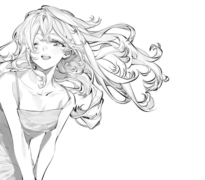 a black and white sketch of an anime girl with long, flowing hair. she is smiling and looking to the side, her hair is blowing in the wind. she is wearing a sleeveless dress.
