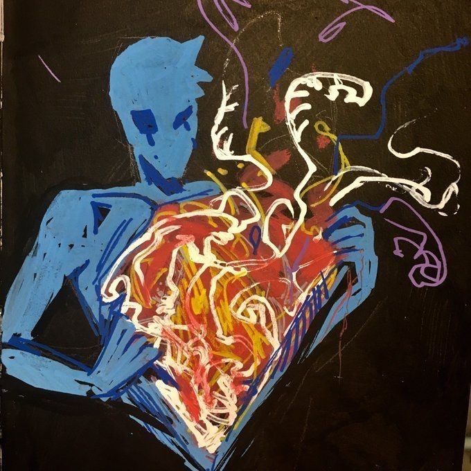 the painting depicts a blue figure holding a large, abstract, heartshaped object in their chest. the heart is composed of various colors and shapes, suggesting pain and anguish, but also love and passion. the figure appears distressed and anxious, with a worried expression on their face. the overall tone of the painting is melancholic and emotional, suggesting the figure is going through a difficult time, perhaps dealing with heartbreak or loss.