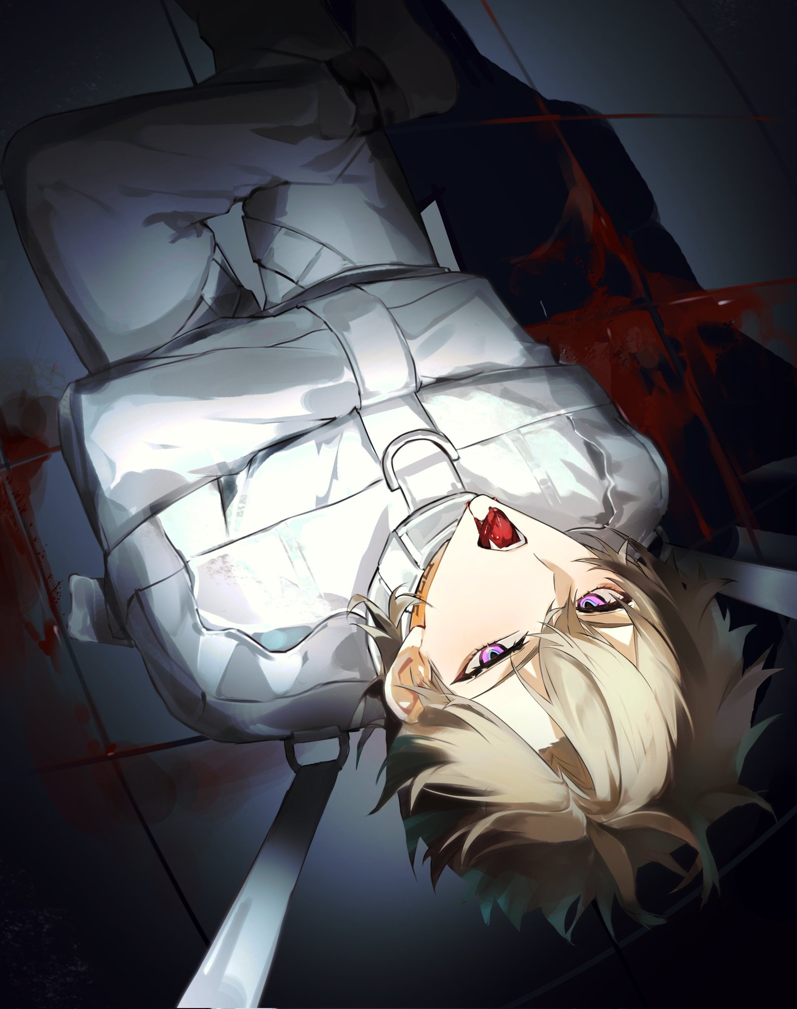 the image is a digital artwork depicting an animestyle male character restrained in a straitjacket. he is lying upside down, his head tilted back, and his mouth slightly open, suggesting distress or injury.  blood is visible on the floor around him, indicating violence or a struggle. the overall mood is dark and suspenseful, with shadowy areas and a strong contrast of light and dark. the character's purple eyes and light hair stand out against the muted tones of his clothing and the background. the style is reminiscent of manga or digital fanart, possibly from a horror or thriller themed story.