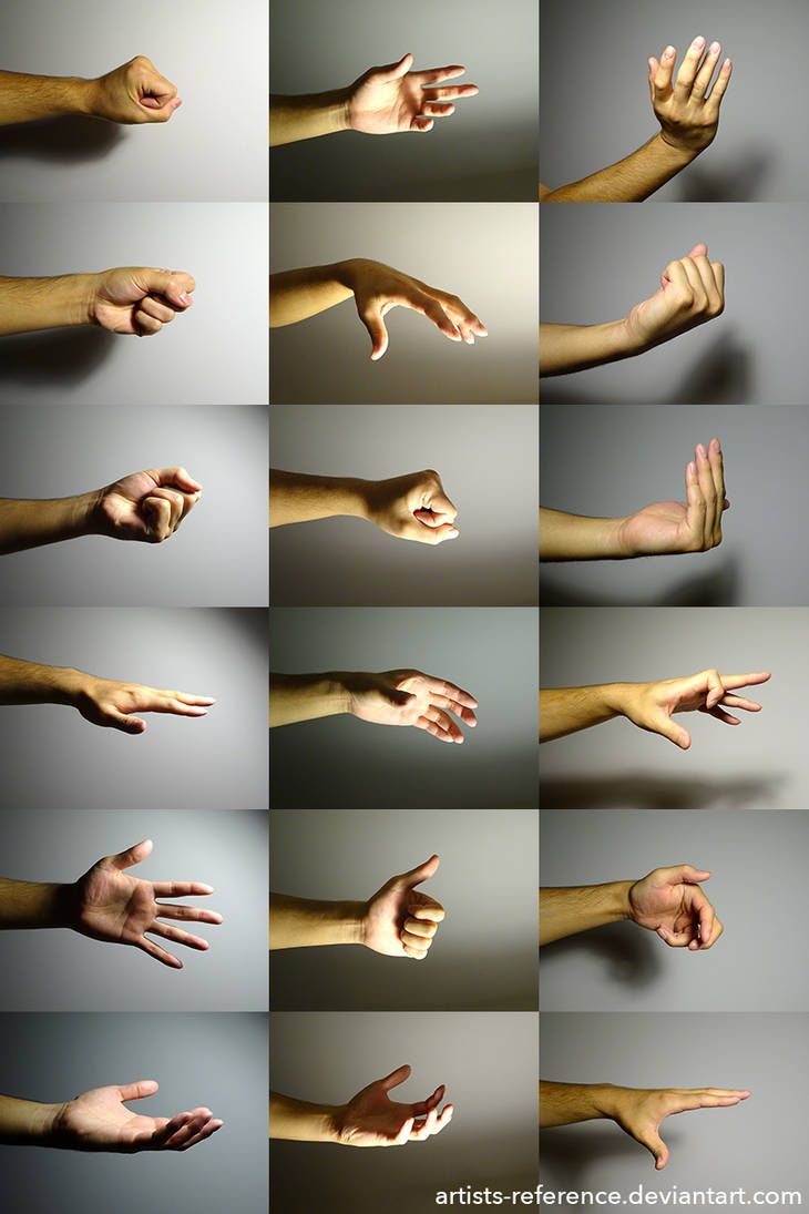 this image contains 18 different hand poses for artists and designers.  it shows various hand gestures from different angles. the hand poses are suitable for reference when drawing characters or hands in artwork. the light background allows for easy tracing or sketching.