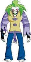 this is a cartoon image of the joker. he has green hair, a sinister smile, a yellow shirt, and blue jeans. his outfit is decorated with purple accents. he is standing with his arms at his side.