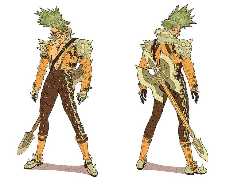 a digital illustration of a fantasy character, possibly a warrior. he has spiky, green hair and is wearing leather armor with spikes, and is armed with a large axe and a smaller blade. the illustration is detailed and colorful, with a punk aesthetic. the character is shown in two different poses, from the front and from the back.