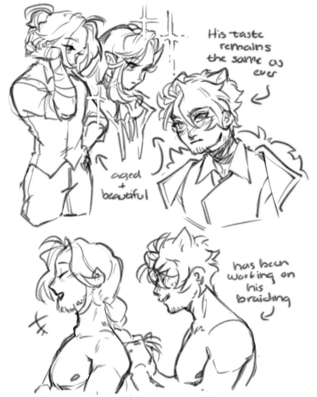 the image is a collection of pencil sketches showing different characters, seemingly depicting a romantic relationship. the style is loose and expressive, characteristic of quick character studies or concept art. the sketches show a progression:  older versions of the characters compared to younger versions. there's text added to the drawings, specifically noting how one character's taste in partners remains the same, and indicating how another character has been improving his braiding skills. the overall feel is romantic and playful.
