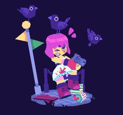 a pixel art illustration of a girl with pink hair holding a ray gun standing on a platform with a green flag on it. she's wearing a white dress splattered with pink, purple boots and green socks.  there are three black birds around her with white eyes, and a dark blue background.