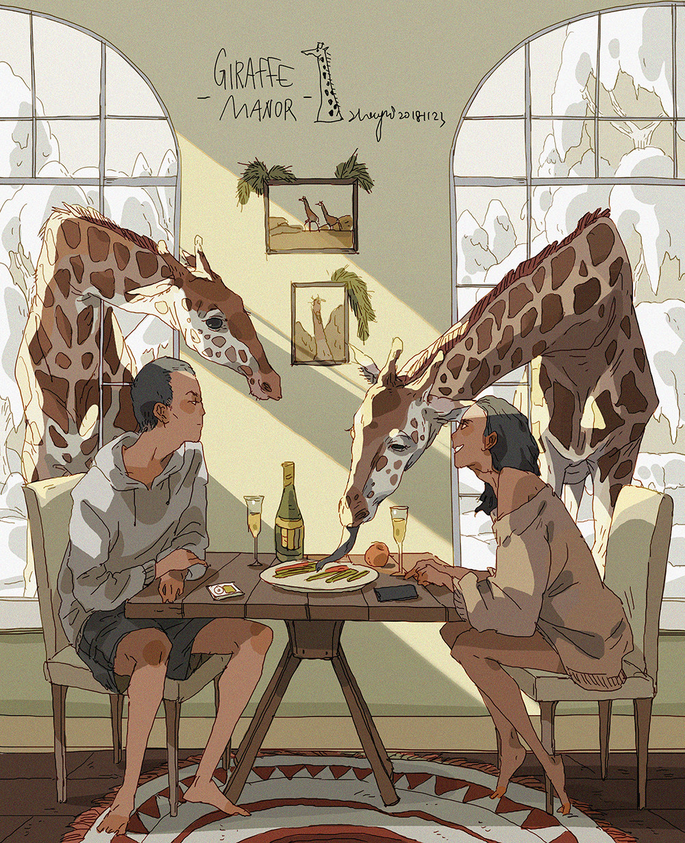 this cartoon illustration depicts two giraffes having dinner with a couple at a table in a cozy dining room. the giraffes are sitting in chairs, and one is using its long tongue to reach across the table and take a bite of food. the couple is dressed in casual clothes and appears to be enjoying the company of their unusual dinner guests. the scene is set in a room with a large window overlooking a snowy landscape, and there are other decorative touches like paintings on the wall. the art style is whimsical and stylized, with bold colors and exaggerated features. the overall tone of the image is playful and lighthearted.