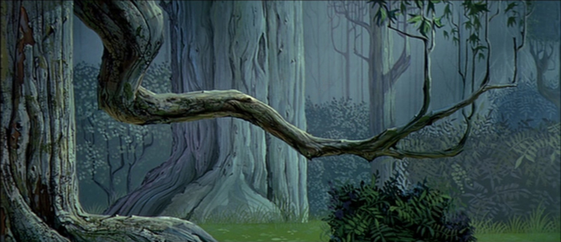 the image depicts a serene and slightly misty forest scene.  large, gnarled tree trunks dominate the foreground and midground, their bark rendered in shades of gray and brown.  a thick, twisting branch stretches horizontally across the image, its form emphasized against the backdrop of the forest. the background features more trees, gradually fading into the distance due to the atmospheric fog. the overall palette is muted, composed mostly of greens, grays, and browns, contributing to the calm and somewhat mysterious atmosphere.