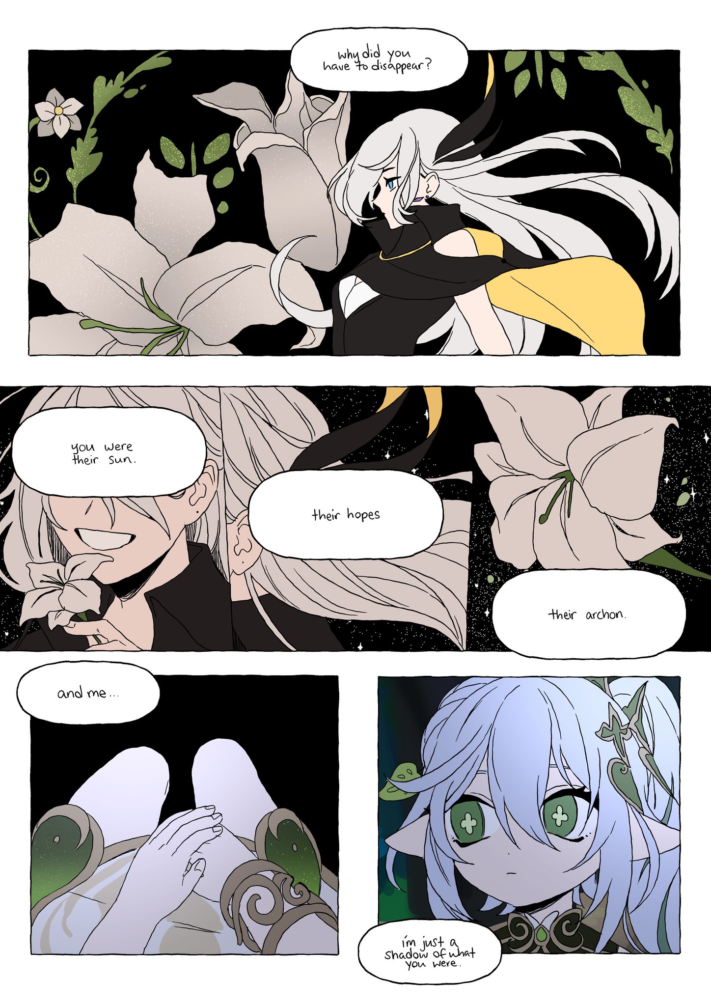 the image depicts a comic with four panels showcasing a sorrowful conversation between two characters. the first panel is set in a dark space with a single white flower, featuring a woman with white hair, in a dark dress, looking back at the viewer. the second panel shows a man with white hair, in a dark dress, holding a white flower, with the text "you were their sun." the third panel shows a closeup of the man's face, looking downwards, and the text "their hopes." the final panel shows a female character with light blue hair in a dark dress, looking downwards, with the text "i'm just a shadow of what you were." the image is filled with dark colors and a somber mood, highlighting the themes of loss, grief, and longing.