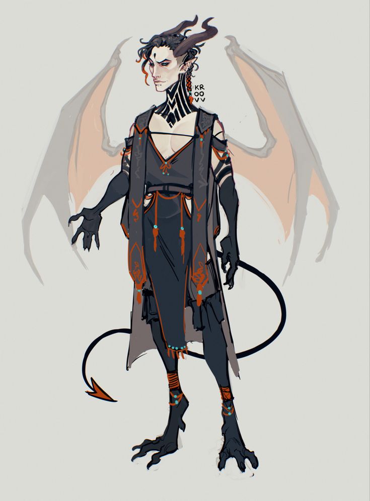 this is a digital illustration of a male demon character. he has black horns and a black tail, and he is wearing a long black robe with orange and blue accents. he is also wearing a necklace and bracelets. his wings are orange and grey. the character is standing in a heroic pose.
