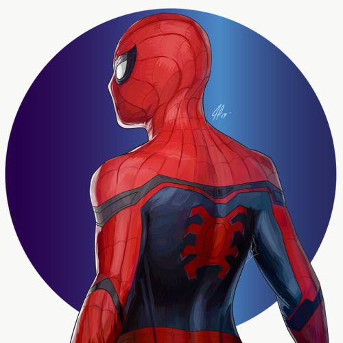 a digital illustration of spiderman standing from the back, with his suit featuring red and blue color.  the background is a blue circle.