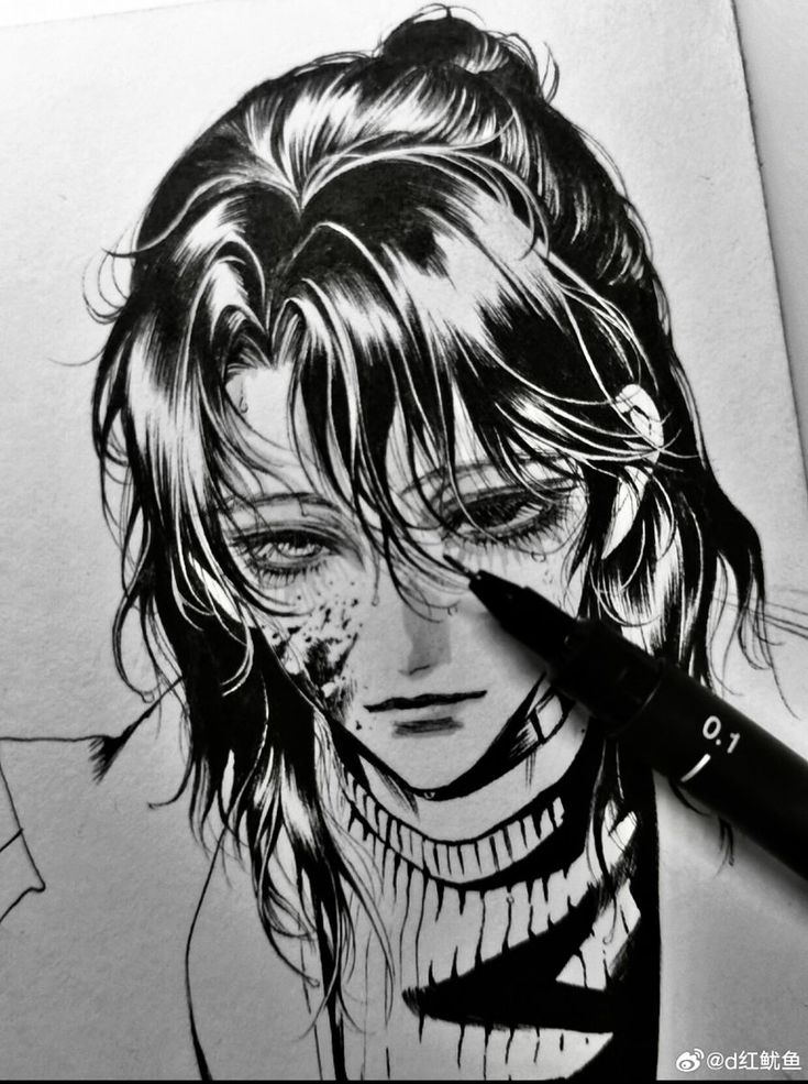 the image shows a closeup, detailed black and white ink drawing of a young woman's face.  the style is reminiscent of manga or graphic novels, with strong contrasts between light and shadow creating a dramatic effect. the character's hair is dark and styled in a messy topknot or bun. her face shows signs of injury, with visible bruising and what appears to be blood splatter around her cheek and eye area.  she has large, expressive eyes. the artist's hand is visible in the lower right corner, holding a fineliner pen, indicating the drawing is in progress. the overall mood is dark and somewhat intense.