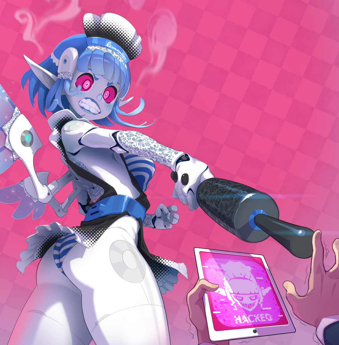a robot anime girl dressed as a maid, holds a futuristic weapon and a tablet that says "hacked." the image is a mix of anime and scifi styles and the color pallet is pink, blue, and white.