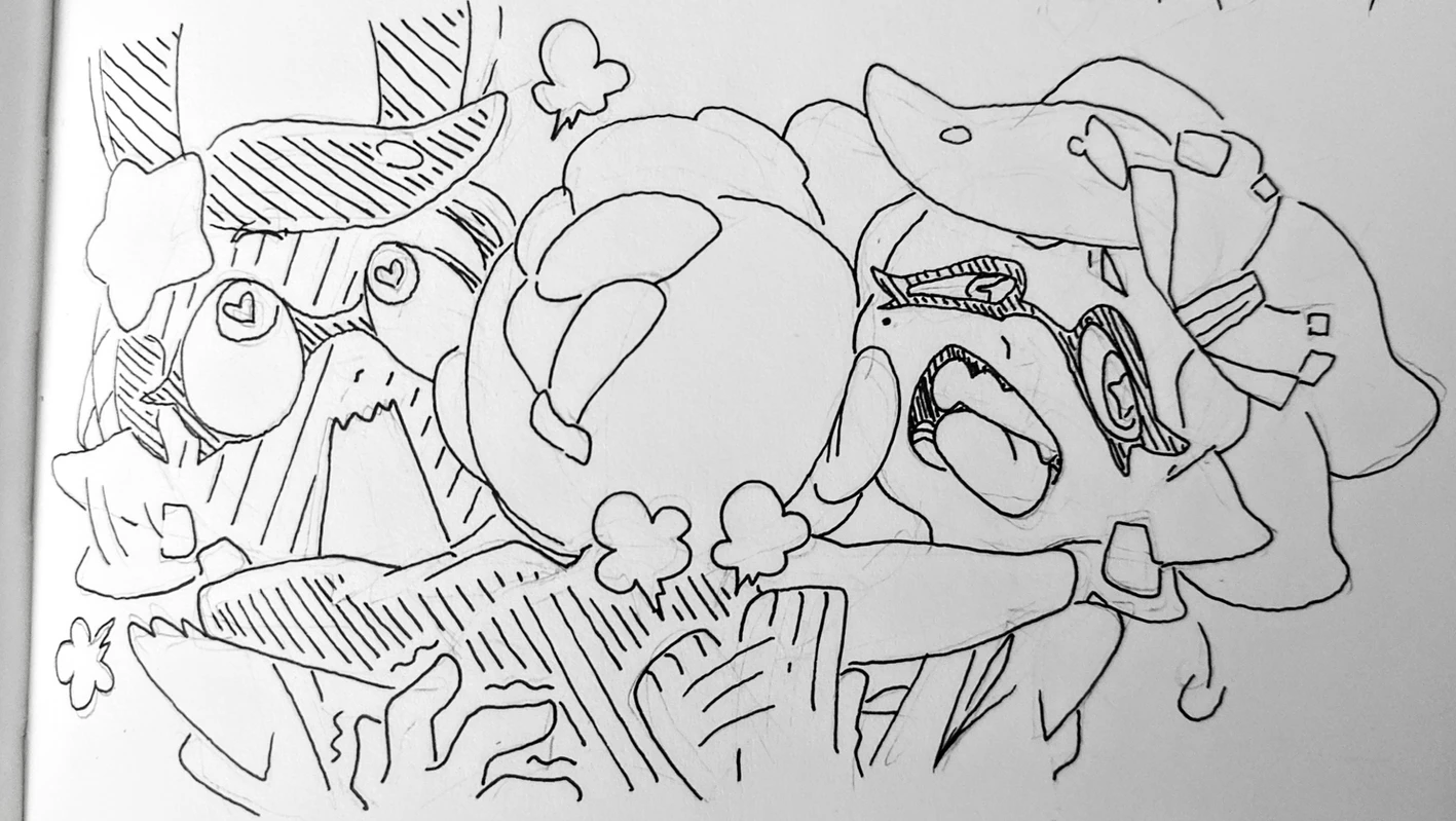a black and white line art drawing of two cartoon characters. the character on the left is wearing a hat and has a surprised expression. the character on the right is wearing a hat with a wide open mouth.  they are both in a humorous pose.