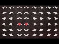 the image shows a repeating pattern of white eyes with black pupils on a black background. two of the eyes, in the center, have red pupils instead of black.
