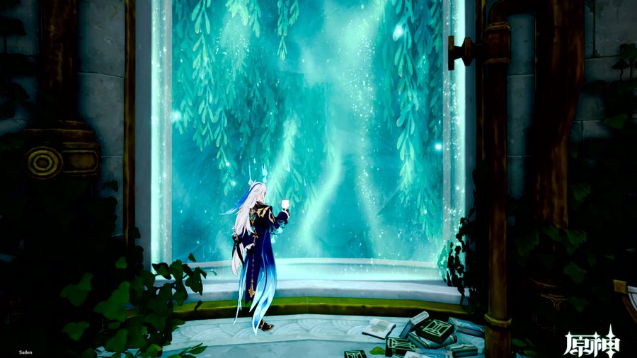 a screenshot from the video game genshin impact shows a female character with long white hair and a flowing blue dress standing before a large window or portal showcasing a mystical, glowing aquacolored scene filled with vines and waterlike elements. the character holds a small goblet or cup. scattered books lay on the floor nearby, adding to the mysterious and somewhat antique atmosphere of the scene. the overall mood is serene and peaceful with mystical undertones. the character's pose and expression suggest contemplation or observance of the magical display within the frame. the architecture around the character is reminiscent of ancient ruins or a hidden sanctuary.