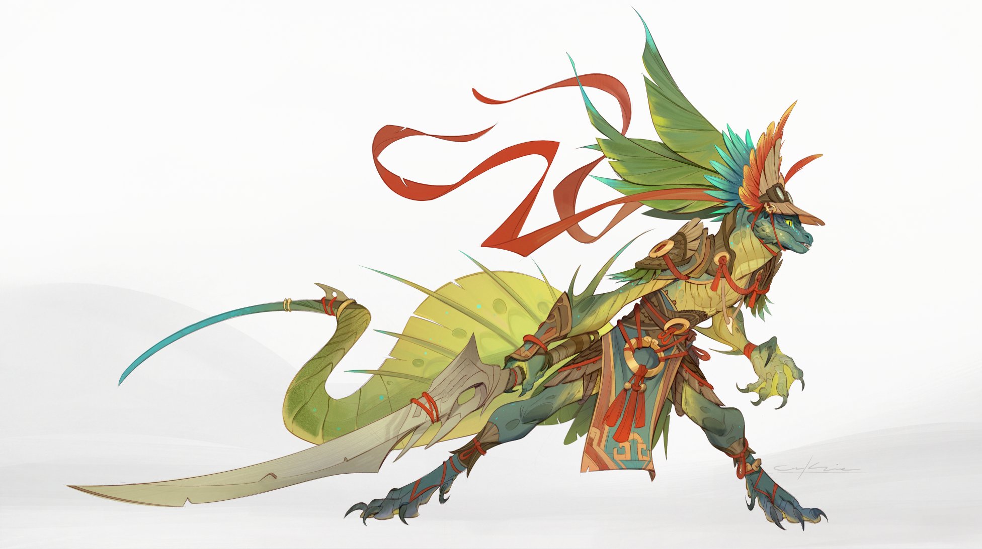 the image showcases a reptilian humanoid warrior, adorned with vibrant green and gold armor and feathers. it wields a long, curved sword and stands in a dynamic pose, suggesting movement. the background is simplistic, emphasizing the creature's design.