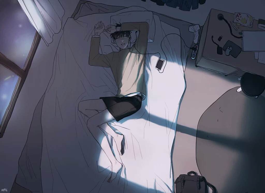 a young man lies asleep on a bed, illuminated by the soft, cool light of dawn streaming in from a nearby window. he is wearing headphones, and his arms are outstretched as if he has been tossed and turned in his sleep. the room is sparsely decorated, with only a few personal belongings visible, contributing to the sense of quiet solitude. the overall atmosphere is one of peace and tranquility.