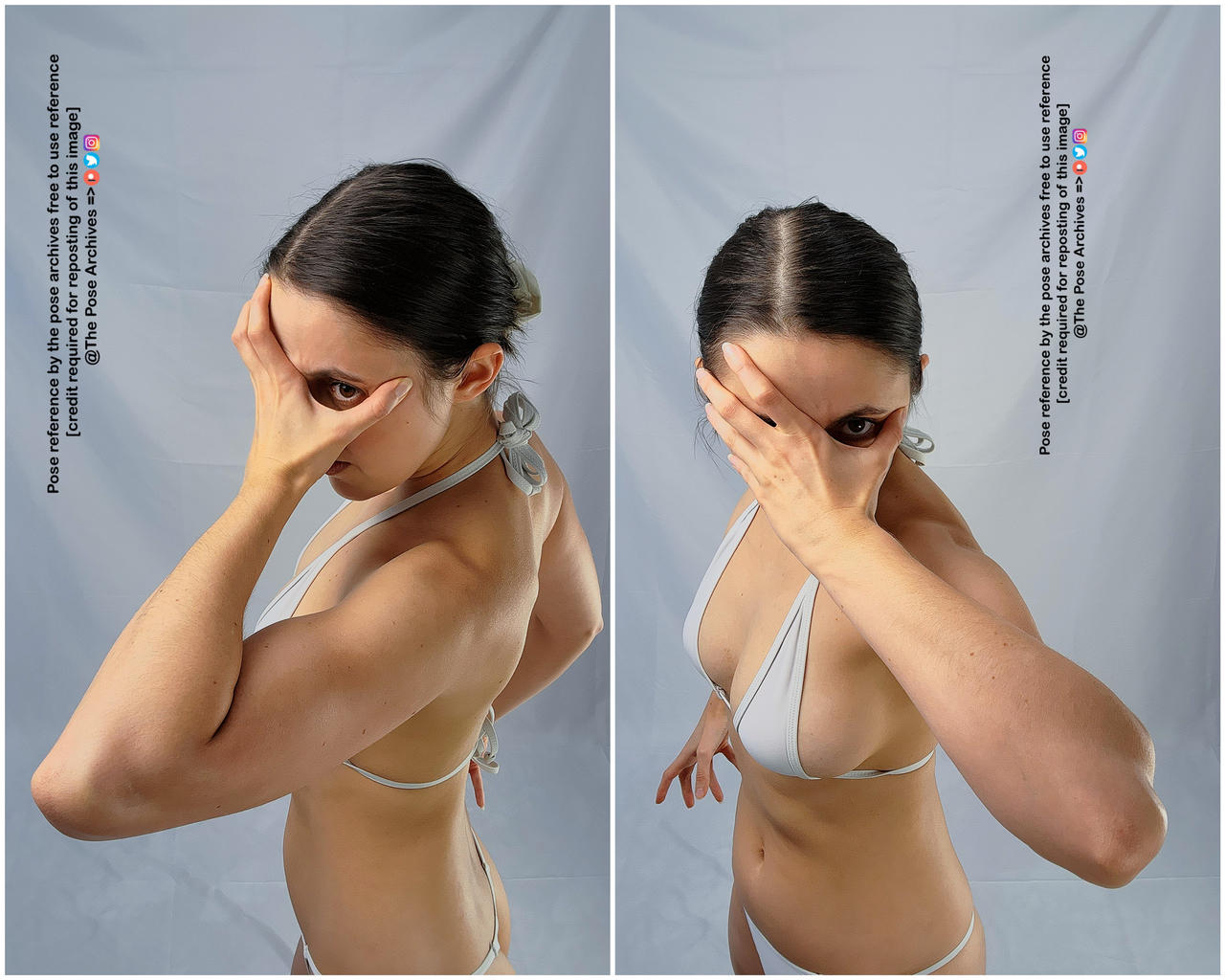 the image shows a woman in a twopanel format, presenting the same pose from two slightly different angles. she is wearing a white bikini top and is positioned against a plain, light gray background. the woman is partially obscuring her face with her right hand, peering through her fingers towards the camera. her expression is serious, creating an air of intrigue.