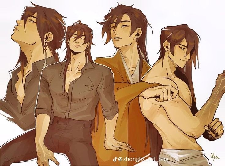 the image is a digital fanart featuring four variations of a single male animestyle character.  the art is done in a stylized manner with soft shading and warm color tones. each character shares similar facial features and long dark hair, but wears different clothing and strikes a unique pose. one is depicted in a relaxed pose wearing a loose shirt; another in a more formal robe; and the last two show variations of the character with varying degrees of clothing.  the style evokes a sense of elegance and fantasy, possibly inspired by asian aesthetics. the overall composition is dynamic and visually appealing, showcasing the artist's ability to create variations of a character while maintaining a cohesive style.