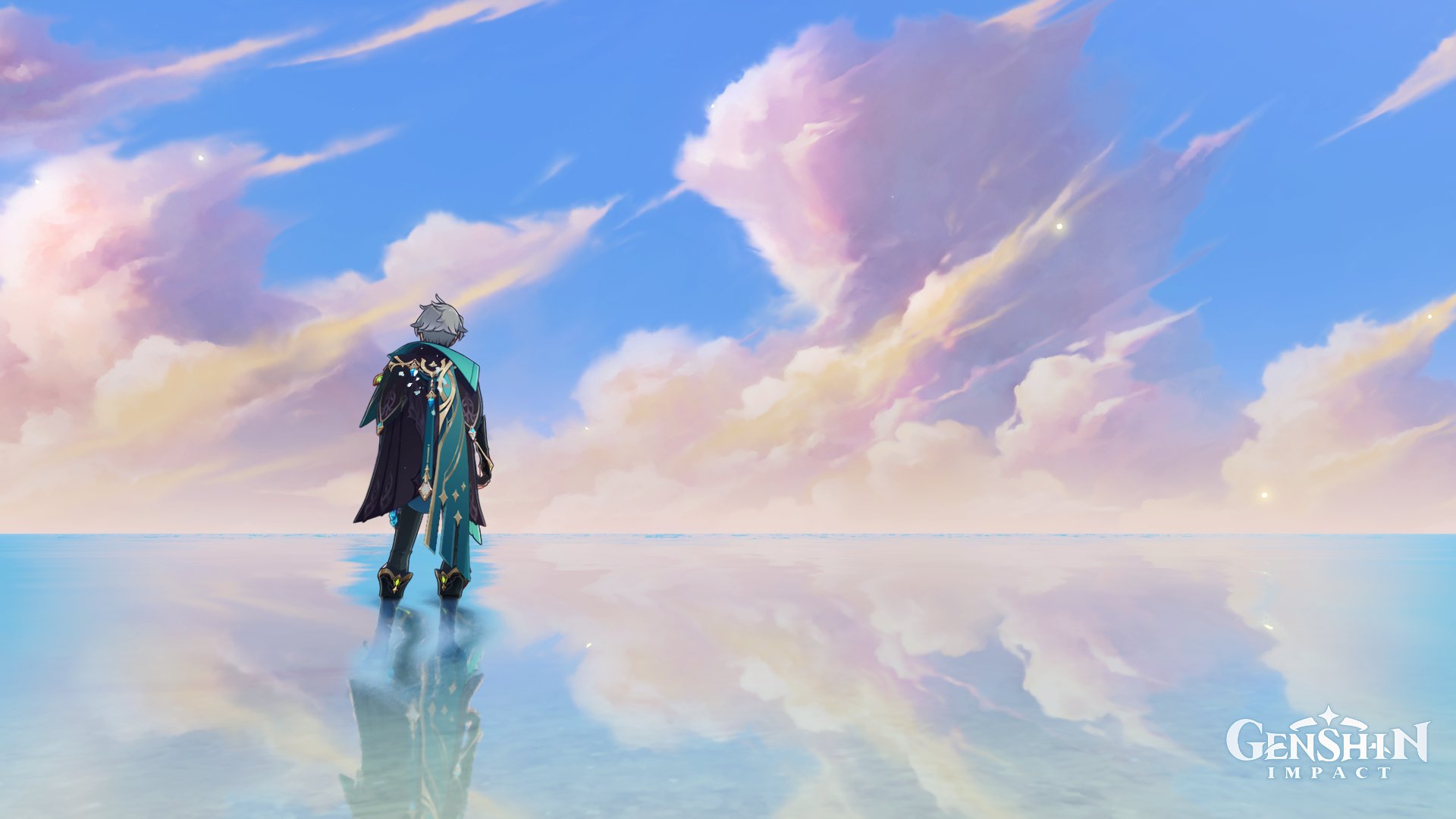 a character from the game genshin impact, albedo, stands on a calm, reflective ocean with a beautiful, pastel sky and clouds behind him. the scene is tranquil and serene, with the character appearing to be lost in thought.